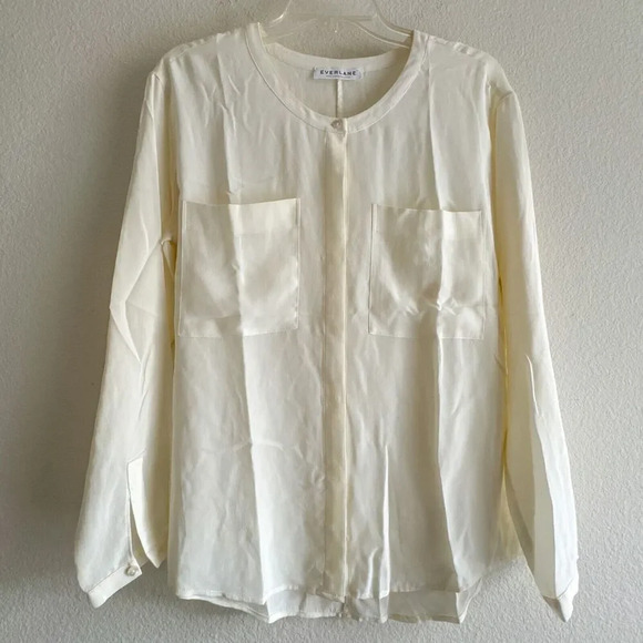 Everlane Pocket Silk Long Sleeve Blouse Women Small Button Shirt Cream Ivory - Picture 1 of 8